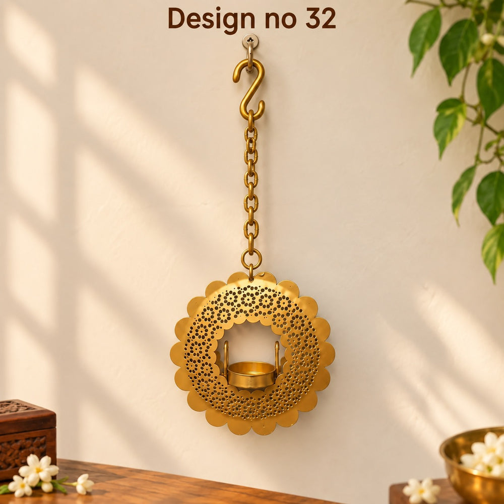 (Design No.32) Golden Metal Hanging Diya Holder | Decorative Wall Hanging Diya Stand | Height 14.5 Inch | Width 5.5 Inch | Festive Home Decor