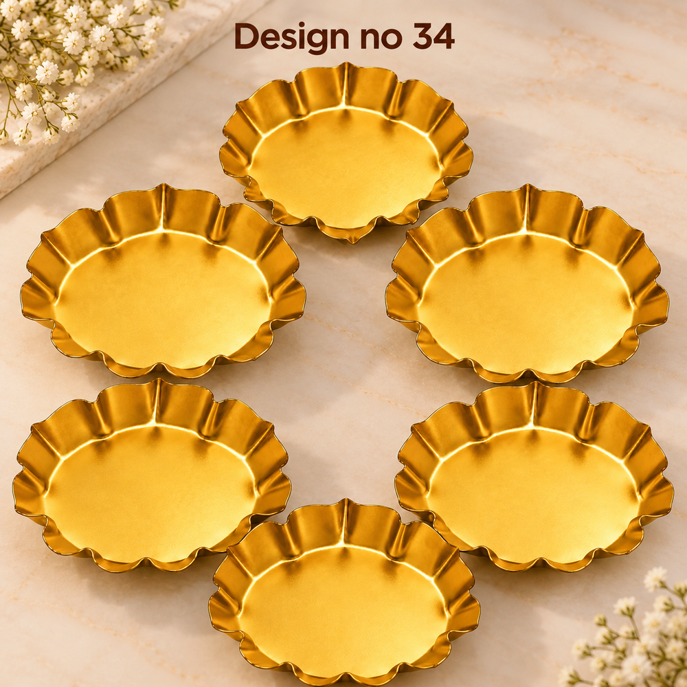 (Design No.34) Premium Golden Metal Decorative Plate | 3.5 Inch Floral Design Plate | Pooja, Festive & Home Decor
