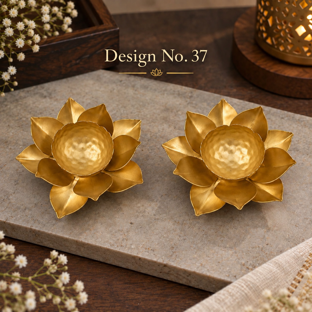 (Design No.37) 2 pcs Golden Lotus Diya Candle Holder | Metal Lotus Tea Light Holder for Diwali & Home Décor