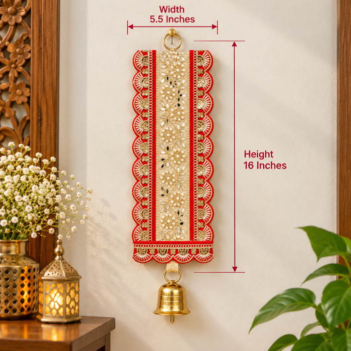 Traditional Embellished Door Hanging with Bell (2pcs) | Red & Golden Decorative| 16 × 5.5 Inch Wall Hanging