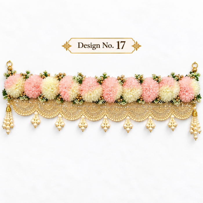 (Design No.17) Pink & OFF white Floral Toran 42 Inch | Elegant Pearl & Golden Lace Door Hanging Decoration | Festive, Wedding & Pooja Décor