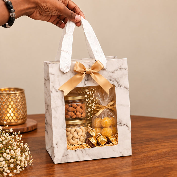 Premium Marble Print Paper Gift Bag with Window | 20 × 15 × 10 CM | Elegant Hamper & Return Gift Bag