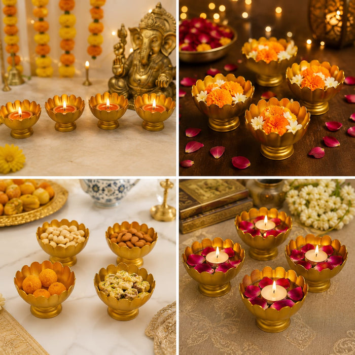 4 Pcs Premium Metal Urli Bowls | Decorative Urli for Pooja, Flowers, Diya, Dry Fruits & Festive Decoration