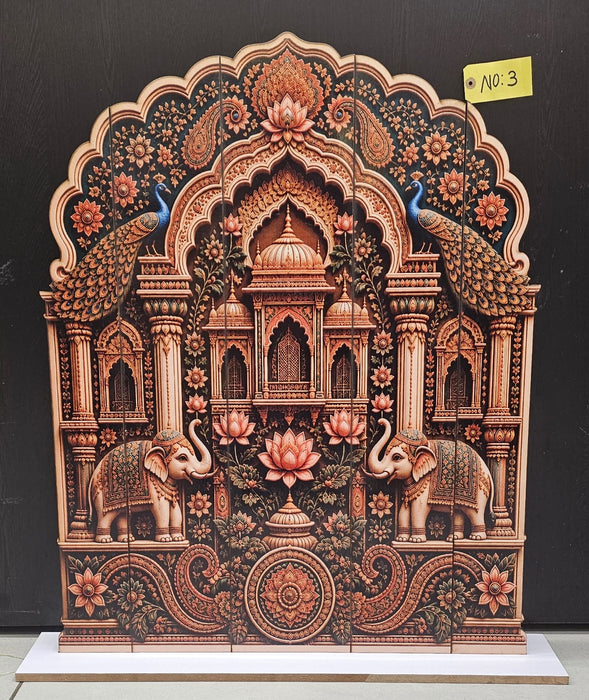 3D Look Foldable Wooden Mandap Backdrop | Peacock & Floral Design | Ganesh Chaturthi, Janmashtami, Durga Pujo, Navratri & Diwali Home Temple Decor