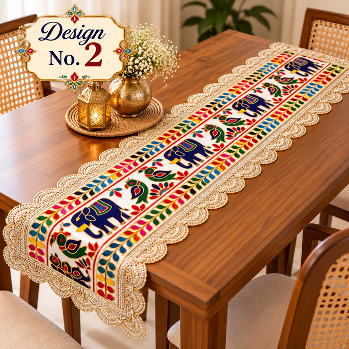 1 Pcs Traditional Indian Table Runner with Decorative Border | Ethnic & Festive Table Decor
