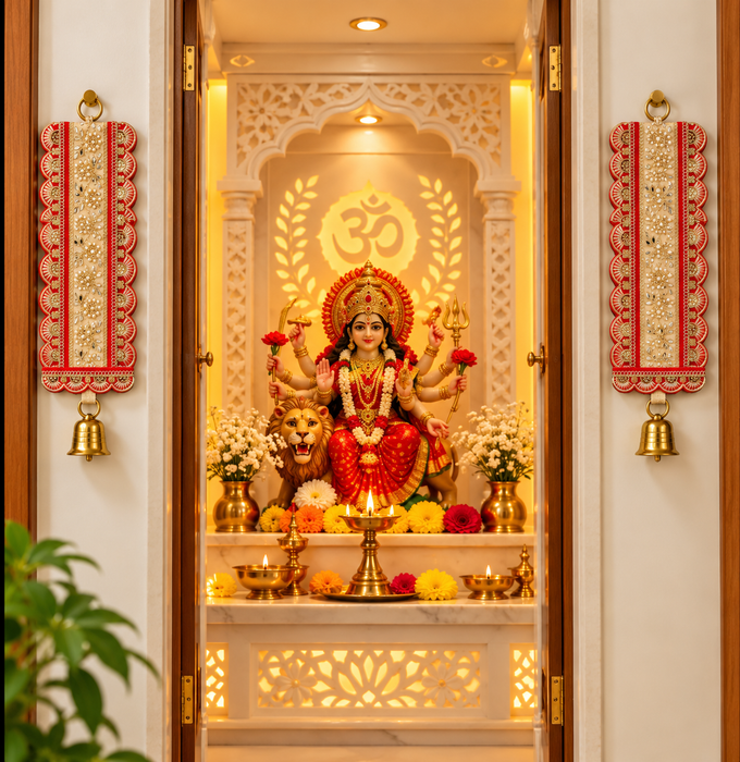 ( Design No.1 )( 2 pcs )Traditional Embellished Door Hanging with Bell | Red & Golden Decorative| 16 × 5.5 Inch Wall Hanging