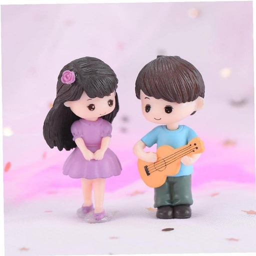 2 Set (4 Pcs) Romantic Couple Miniature Figurines | Boy Playing Guitar & Girl in Purple Dress | Cute Showpiece for Home Decor,Cake Topper, Anniversary & Romantic Decor (Resin)