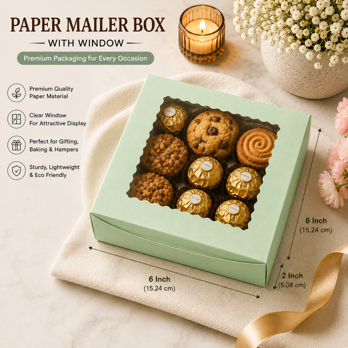 Paper Mailer Box with Window | Premium Gift & Bakery Packaging Box | For Cookies, Brownies, Chocolates, Dry Fruits & Hampers L6 × H2 × W6 Inch
