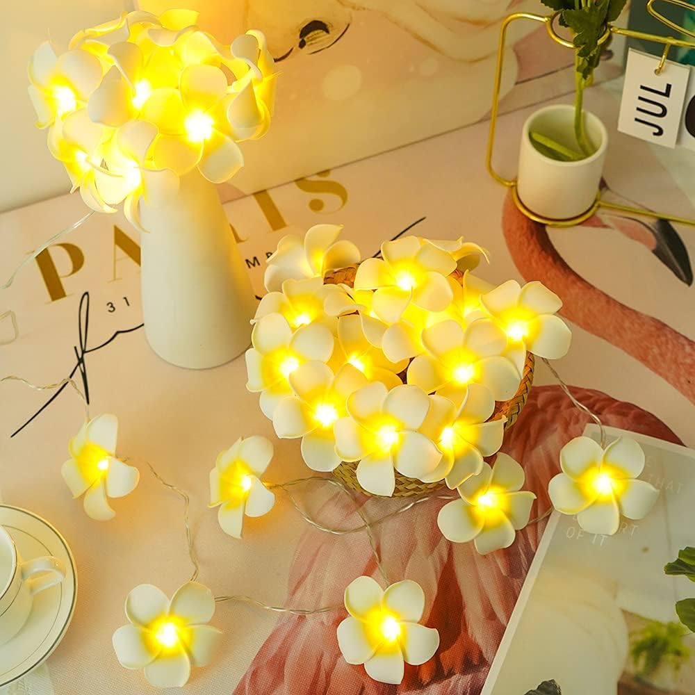 Plumeria Hawaii Flower LED String Light | Artificial Foam Hawaii Flower Garland | Rice Fairy Lights for Mandir, Pooja Room, Wedding, Birthday, Aesthetic Decor (Acrylic, 1.5 Meter)