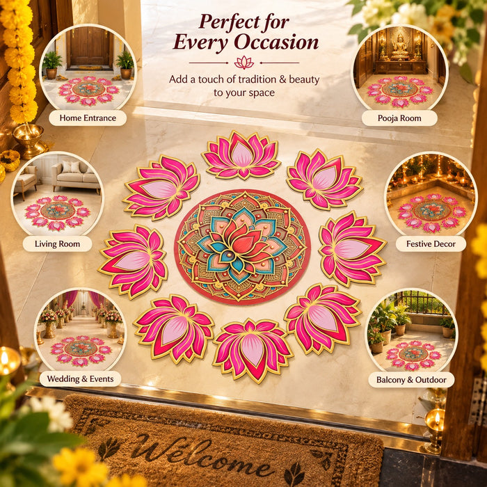 Ashtakamal 3D Look Rangoli Set DIY Kit | MDF Lotus Floral Rangoli for Home Entrance, Pooja Room, Wedding & Festive Decor