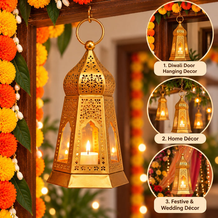 (Design No.39) Golden Metal Hanging Lantern for Diya & Candle | Decorative Moroccan-Style Lantern | 7.5 Inch Height × 3.5 Inch Width