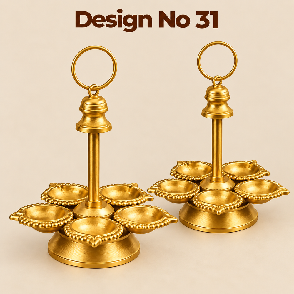 (Design No.31) Premium Metal Panch Diya Stand with Ring Handle | 9.5 Inch Height × 6 Inch Width | Traditional Pooja & Home Decor