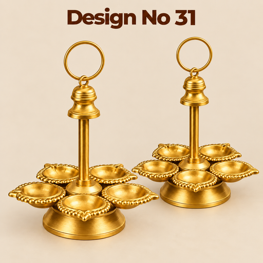 (Design No.31) Premium Metal Panch Diya Stand with Ring Handle | 9.5 Inch Height × 6 Inch Width | Traditional Pooja & Home Decor