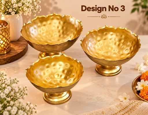 (Design No.3) 1 Set (3 Pcs) Decorative Lotus Design Gold Polish Urli Bowl | Home, Mandir, Diwali & Table Décor (Golden)