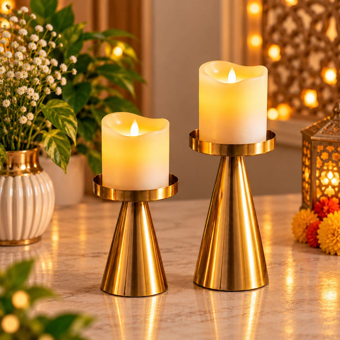 (Design No.14) Modern Gold Metal Candle Holder Set – Elegant Decorative Pillar Candle Stand for Table Centerpiece, Living Room & Wedding Décor Pack 1 set of 2pcs (Small, Big )