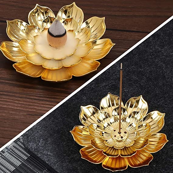 1 Pcs Lotus Flower Design Agarbatti Stand Incense Holder Ash Catcher Metal Material for Diwali Pooja, Office, Mandir,Shree Holi Pooja and Many More Spiritual Events, Insence Burner