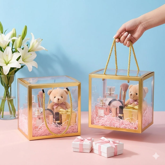 Clear Transparent Gift Box with Frame and Rope Handle for Hampers, Wedding Gifts, Return Gifts, Chocolates, Dry Fruits, Cosmetics, Baby Shower, Festive Gifting & Premium Gift Packaging (21 cm x 21 cm x 21 cm size)