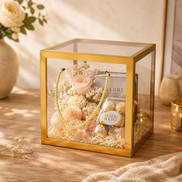Clear Transparent Gift Box with Frame and Rope Handle for Hampers, Wedding Gifts, Return Gifts, Chocolates, Dry Fruits, Cosmetics, Baby Shower, Festive Gifting & Premium Gift Packaging (21 cm x 21 cm x 21 cm size)