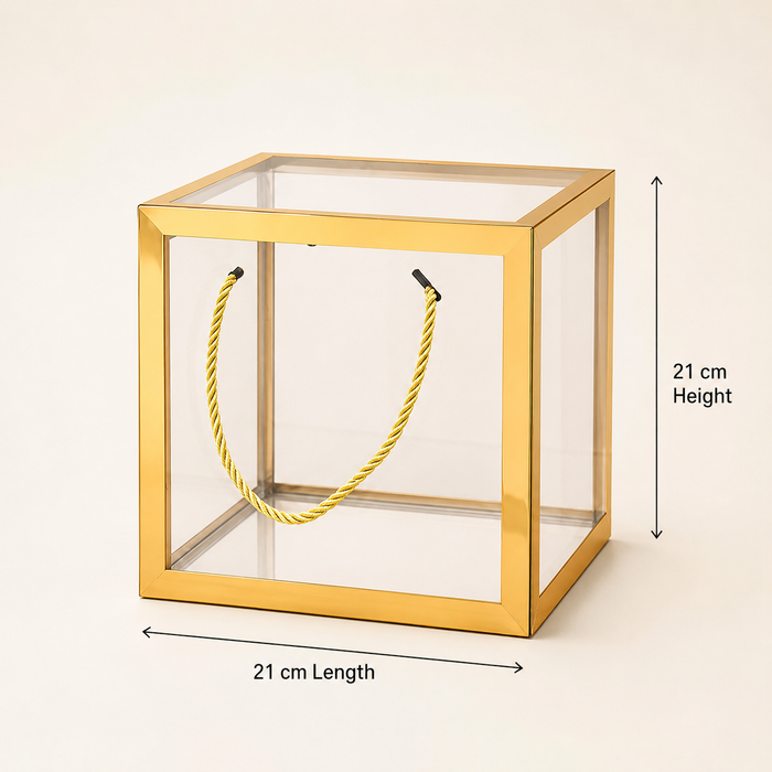 Clear Transparent Gift Box with Frame and Rope Handle for Hampers, Wedding Gifts, Return Gifts, Chocolates, Dry Fruits, Cosmetics, Baby Shower, Festive Gifting & Premium Gift Packaging (21 cm x 21 cm x 21 cm size)