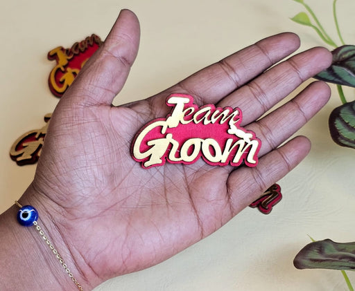 Design 5 stylish Brooches "TEAM GROOM" Mdf Golden Plated Brooch Clips Pin for Men & Women for haldi, sadi, Reception,Wedding Events and many functions(Red)