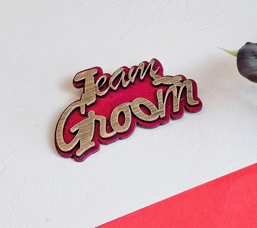 Design 5 stylish Brooches "TEAM GROOM" Mdf Golden Plated Brooch Clips Pin for Men & Women for haldi, sadi, Reception,Wedding Events and many functions(Red)