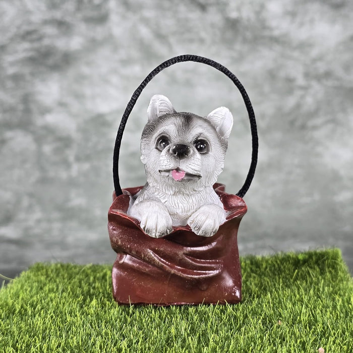 1 pc Cute Miniature Dog in Bag Poly Resin Statue with Hanging, Decorative Piece for Living Room, Bed Room, Table top, Restaurant, cafes, Gifting, Birthday( Pack of 1)