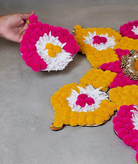 Rajawadi Star and Hexagon Flower Pom Pom  Design Rangoli, Easy to Use. Just Set up with your own choice and make Rangoli for Floor Home Janmashtami  Ganpati Diwali Decoration DIY