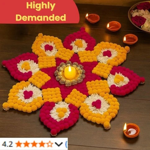 Rajawadi Star and Hexagon Flower Pom Pom  Design Rangoli, Easy to Use. Just Set up with your own choice and make Rangoli for Floor Home Janmashtami  Ganpati Diwali Decoration DIY