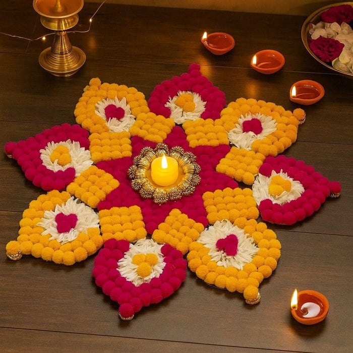 Rajawadi Star and Hexagon Flower Pom Pom  Design Rangoli, Easy to Use. Just Set up with your own choice and make Rangoli for Floor Home Janmashtami  Ganpati Diwali Decoration DIY