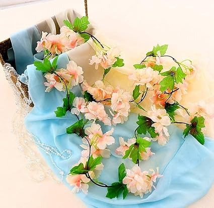 Artificial Cherry Blossom Rattan Flowers Wall Hanging Decorative Vine String Lines Items for Diwali Decoration, Backdrop for Pooja Room, Home Decor (230 cm)
