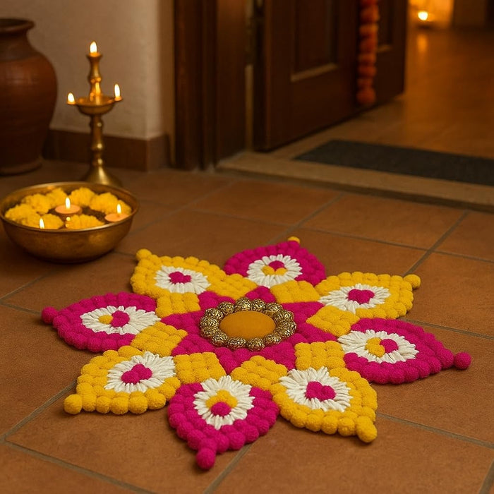 Rajawadi Star and Hexagon Flower Pom Pom  Design Rangoli, Easy to Use. Just Set up with your own choice and make Rangoli for Floor Home Janmashtami  Ganpati Diwali Decoration DIY