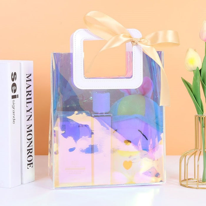 Transparent Bag with Square Handle, Goodie Bags, Clear Gift Bag, Hamper Bag, Carry Bags, Shopping Gift Bag, Gifting, Presents, Return Gifts, Birthday, Festivals, Events, wedding Gifting (Rainbow) (Small) (20 x 18)