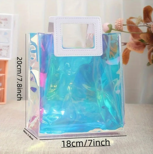 Transparent Bag with Square Handle, Goodie Bags, Clear Gift Bag, Hamper Bag, Carry Bags, Shopping Gift Bag, Gifting, Presents, Return Gifts, Birthday, Festivals, Events, wedding Gifting (Rainbow) (Small) (20 x 18)