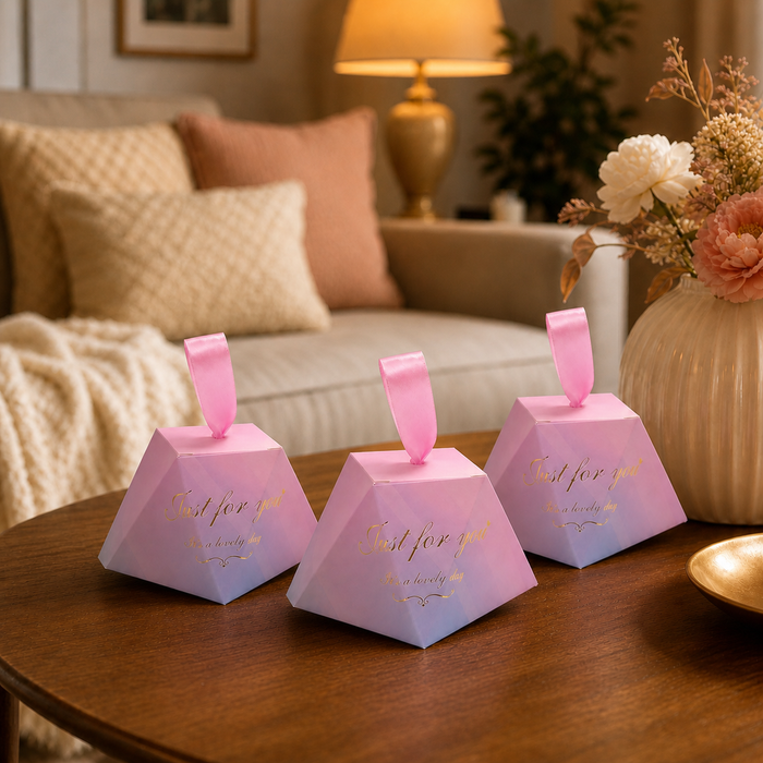 50 Pcs Triangle Gift Box with Satin Ribbon for Return Gifts, Chocolates, Dry Fruits & Wedding Favors