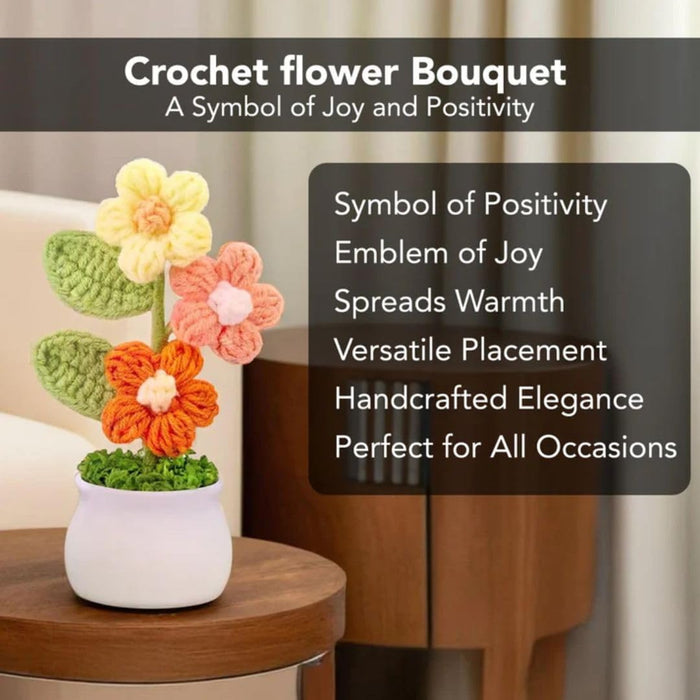 3 Pcs Handmade Sunflower & Daisy Crochet Flowers heads with Pot Completed Hand Woven Sunflowers Daisy Knitted Potted flower Plants Cute Knitted Flower pot for Home Decoration,Table Top,Table Decoration,Knitted sunflower pot gift for her/him.