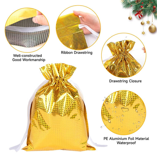 Big Size Geletin Shiny foil Paper Drawstring stylish Storage Potli pouches for Christmas Gifting, Small Jewelries, Money, Paper Notes Women Wallet, Gift Bags, return gift, Women handbag Shagun Pouch, Candy Bags (Golden)