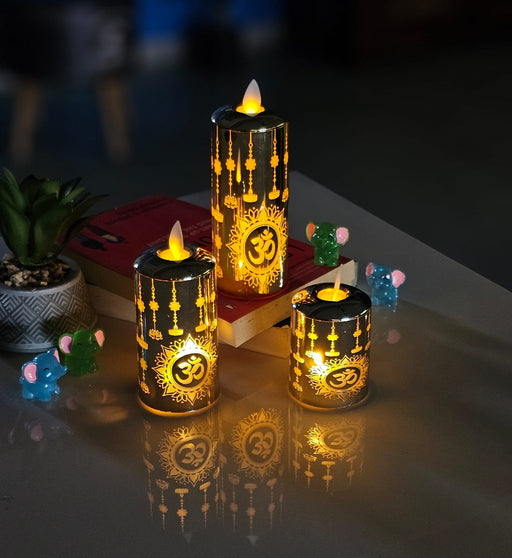 3 Pcs Om Printed Flameless Led Pillar Candle for Home Decor, Gifting, House, Light for Balcony, Room, Birthday, Diwali, Festive Decor(Pack of 3)