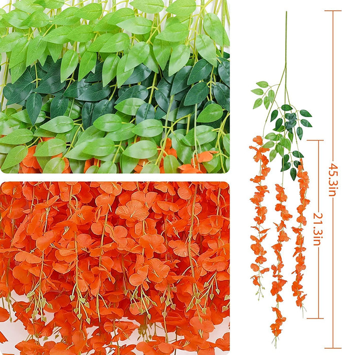 12 Pcs (43.2 inch) Artificial Wisteria Vine Ratta Fake Wisteria Hanging Garland Silk Long Hanging Bush Flowers String for Home Decor,Diwali Decor,Valentine's Day Decoration (Orange)