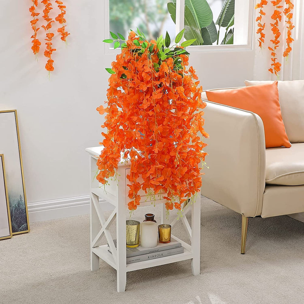 12 Pcs (43.2 inch) Artificial Wisteria Vine Ratta Fake Wisteria Hanging Garland Silk Long Hanging Bush Flowers String for Home Decor,Diwali Decor,Valentine's Day Decoration (Orange)