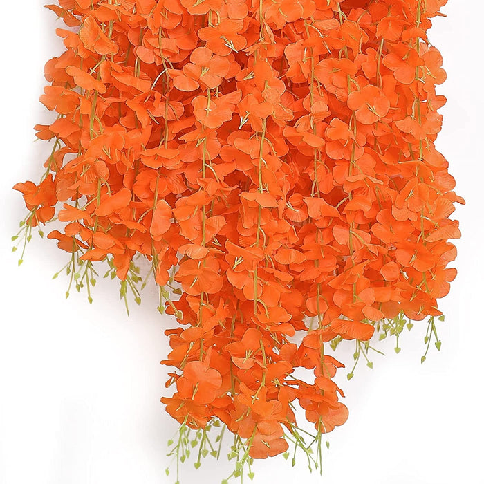 12 Pcs (43.2 inch) Artificial Wisteria Vine Ratta Fake Wisteria Hanging Garland Silk Long Hanging Bush Flowers String for Home Decor,Diwali Decor,Valentine's Day Decoration (Orange)