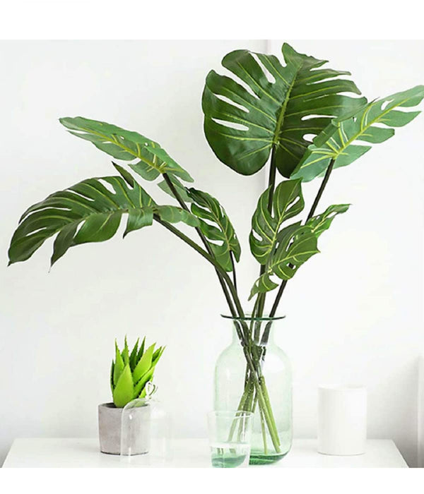 Artificial Flower Plant Big Monstera Palm Leaves for Gifting, Office Desk, Garden, Pot for Shelf, Bedroom, Balcony, Living Room, Farmhouse, Indoor, Outdoor, Home Decorations and Craft (40cm), Green