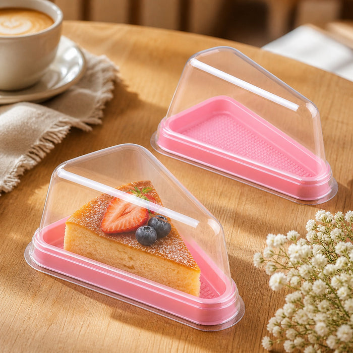 Triangle Pastry Box with Clear Lid & Pink Base for Cake Slice, Pastry, Dessert, Bakery Packing, Birthday Party, Catering & Return Gift Packaging