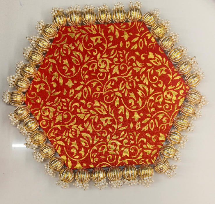 Hexagone Shape Handmade Gota Patti Rakhi Platter, Pooja Thali with jumkhi | Wedding Ring Ceremony Tray, Ganpati Pooja Thali, Mandir, Housewarming, Marriage Gift, Table Decoration, Rakshabhandhan (10 Inch)