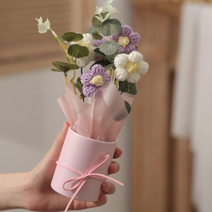 Artificial Daisy Crochet Flower Bouquet with Pot| Artificial Flower head| Gifting for Him/Her, Girlfriend, Boyfriend, Anniversaries, Wedding, Birthday | Home Decoration, Table Decor, Room Decor, Office Desk, Aesthetic Centerpiece Decor (Fabric)