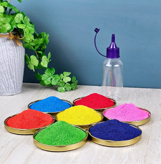 7 Packet Multi Rangoli Colour With Plastic rangoli squeeze bottle, Rangoli Powder for decorate rangoli for Diwali Navratri New Year Festival.