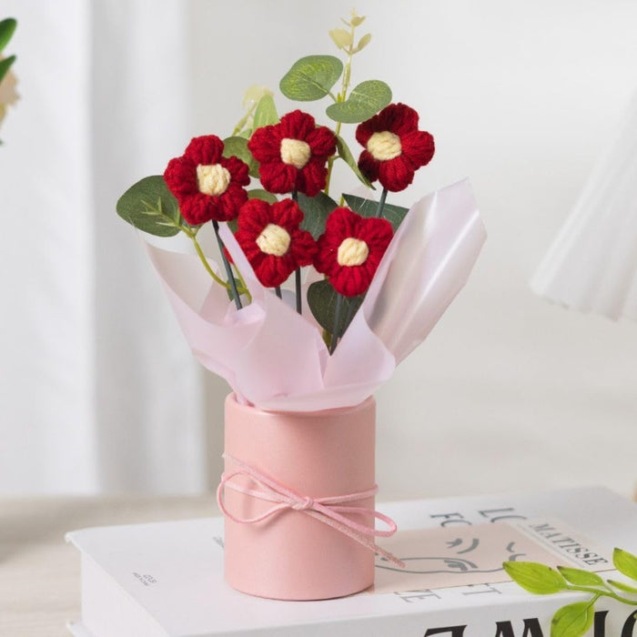 Artificial Daisy Crochet Flower Bouquet with Pot| Artificial Flower head| Gifting for Him/Her, Girlfriend, Boyfriend, Anniversaries, Wedding, Birthday | Home Decoration, Table Decor, Room Decor, Office Desk, Aesthetic Centerpiece Decor (Fabric)