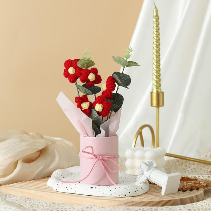 Artificial Daisy Crochet Flower Bouquet with Pot| Artificial Flower head| Gifting for Him/Her, Girlfriend, Boyfriend, Anniversaries, Wedding, Birthday | Home Decoration, Table Decor, Room Decor, Office Desk, Aesthetic Centerpiece Decor (Fabric)