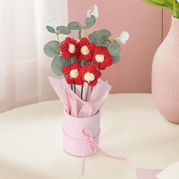 Artificial Daisy Crochet Flower Bouquet with Pot| Artificial Flower head| Gifting for Him/Her, Girlfriend, Boyfriend, Anniversaries, Wedding, Birthday | Home Decoration, Table Decor, Room Decor, Office Desk, Aesthetic Centerpiece Decor (Fabric)