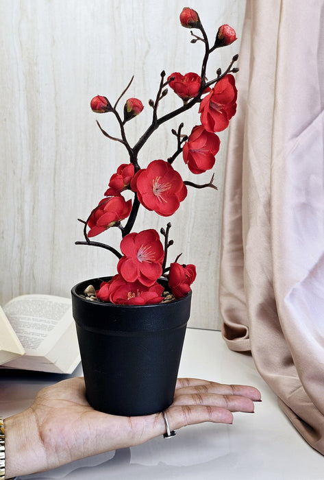 2 Pc Artificial Blossom Flower Stick with Plastic Pot Flower Pot for Home Decor, Living Room, Gifting, Table Top, Showpiece, Balcony, Raksha Bandhan Gifting(with Pot)