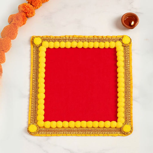 Decorative Red Velvet Mat/Rumali Mat with Pom Pom Border & Golden Lace for Ganpati Decoration, Durga Pooja Setup for Home, Decoration Item, Pooja, Mandir and Festival Decor